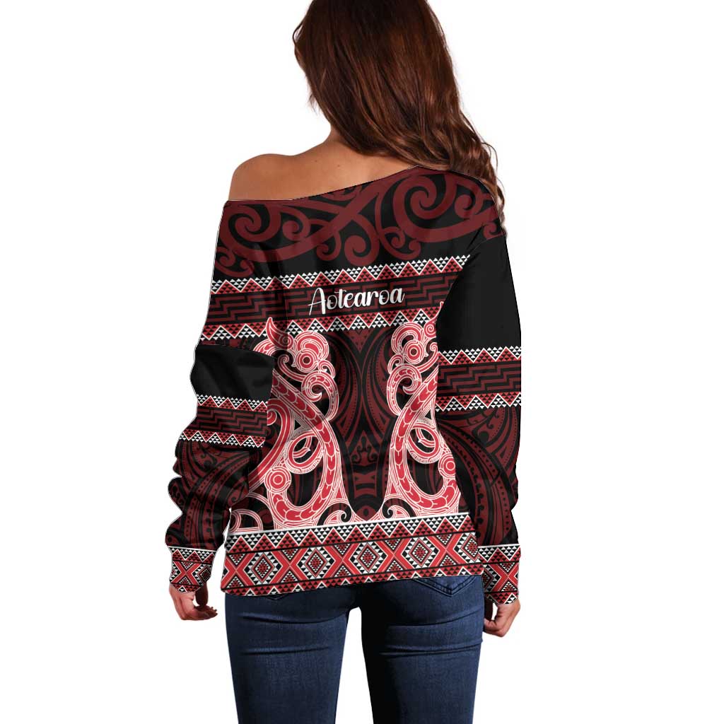 Kia Ora New Zealand Off Shoulder Sweater Maori Language Week Whero Taniko Motif - Polynesian Pride