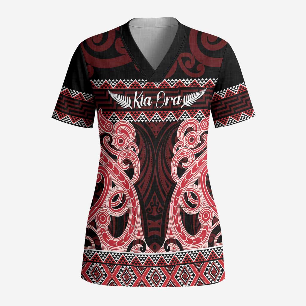 Kia Ora New Zealand Scrub Top Maori Language Week Whero Taniko Motif LT14 Adult Red - Polynesian Pride