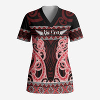 Kia Ora New Zealand Scrub Top Maori Language Week Whero Taniko Motif LT14 Adult Red - Polynesian Pride