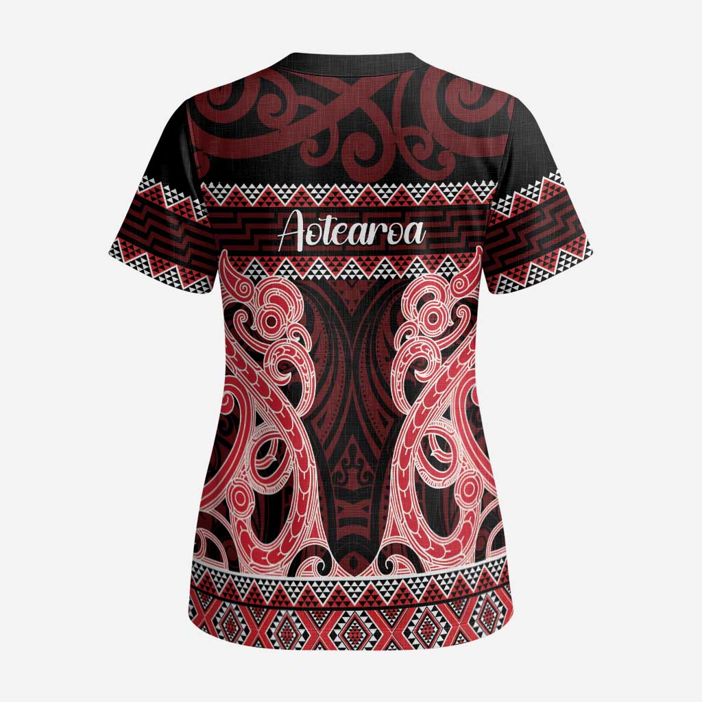 Kia Ora New Zealand Scrub Top Maori Language Week Whero Taniko Motif LT14 - Polynesian Pride