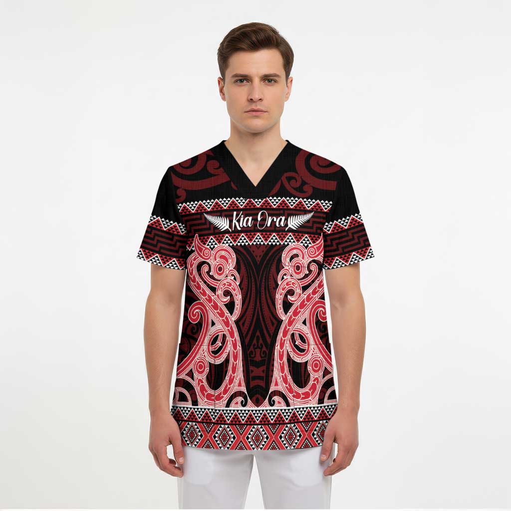 Kia Ora New Zealand Scrub Top Maori Language Week Whero Taniko Motif LT14 - Polynesian Pride