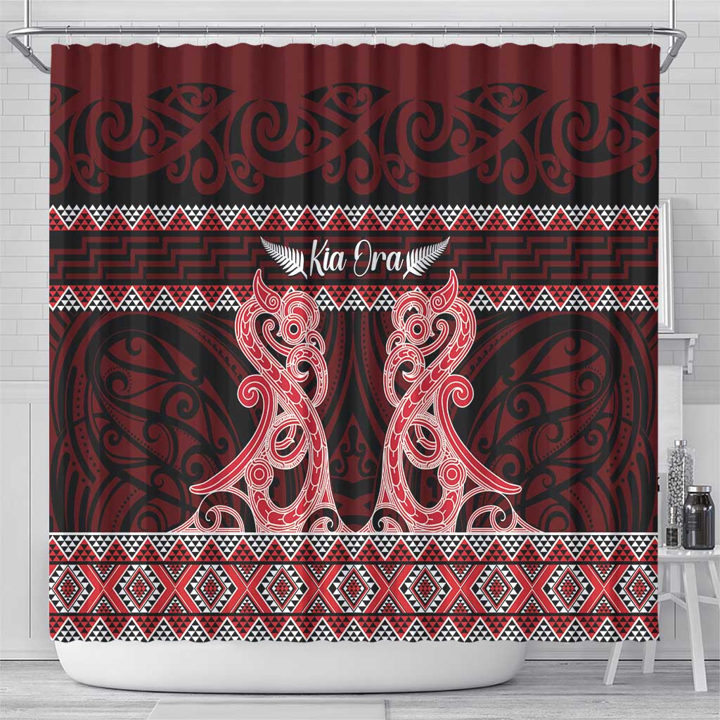 Kia Ora New Zealand Shower Curtain Maori Language Week Whero Taniko Motif - Polynesian Pride