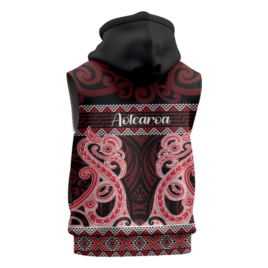 Kia Ora New Zealand Sleeveless Hoodie Maori Language Week Whero Taniko Motif - Polynesian Pride