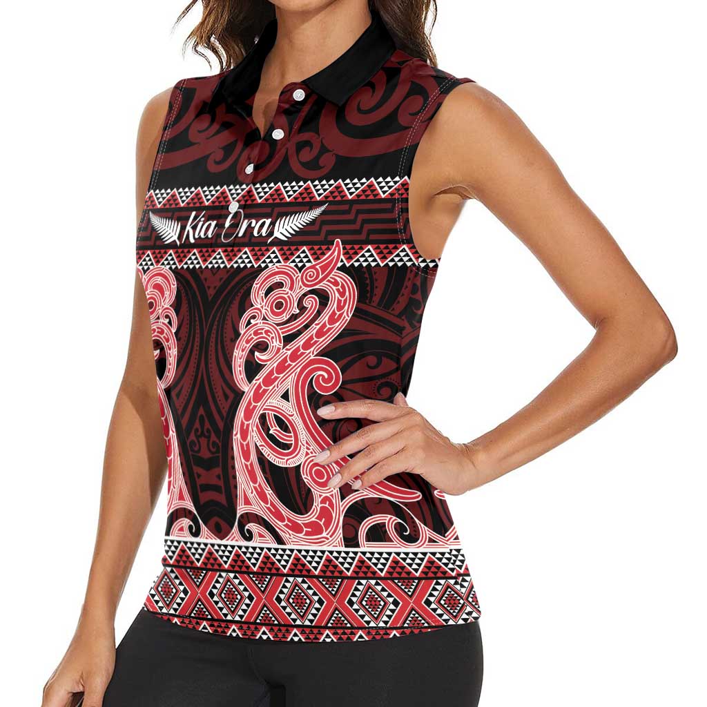 Kia Ora New Zealand Women Sleeveless Polo Shirt Maori Language Week Whero Taniko Motif - Polynesian Pride