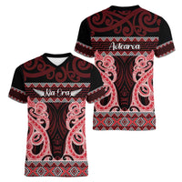 Kia Ora New Zealand Women V-Neck T-Shirt Maori Language Week Whero Taniko Motif - Polynesian Pride