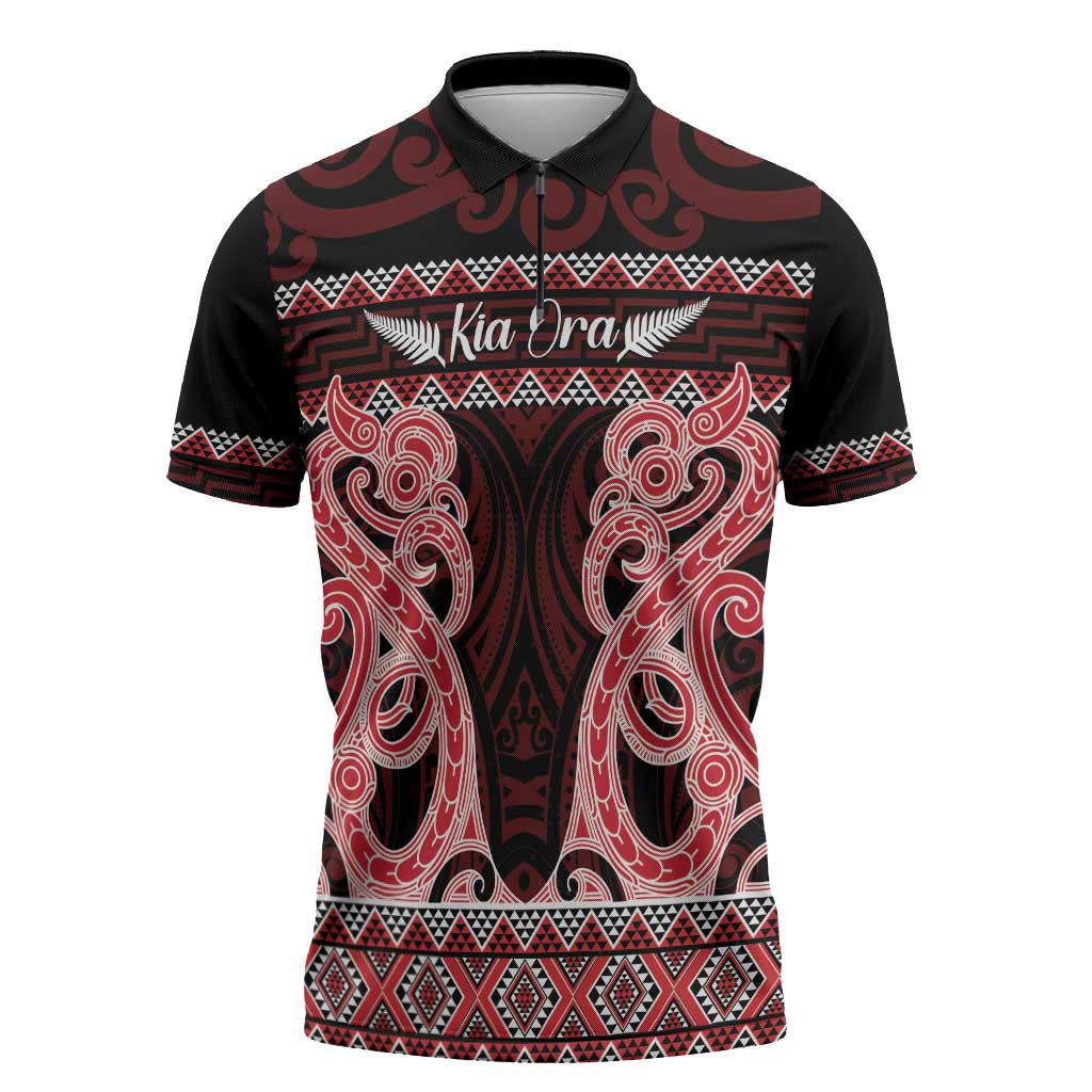Kia Ora New Zealand Zipper Polo Shirt Maori Language Week Whero Taniko Motif - Polynesian Pride