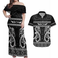 Kia Ora New Zealand Couples Matching Off Shoulder Maxi Dress and Hawaiian Shirt Maori Language Week Pango Taniko Motif - Polynesian Pride