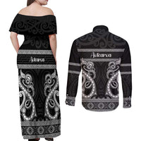 Kia Ora New Zealand Couples Matching Off Shoulder Maxi Dress and Long Sleeve Button Shirt Maori Language Week Pango Taniko Motif - Polynesian Pride