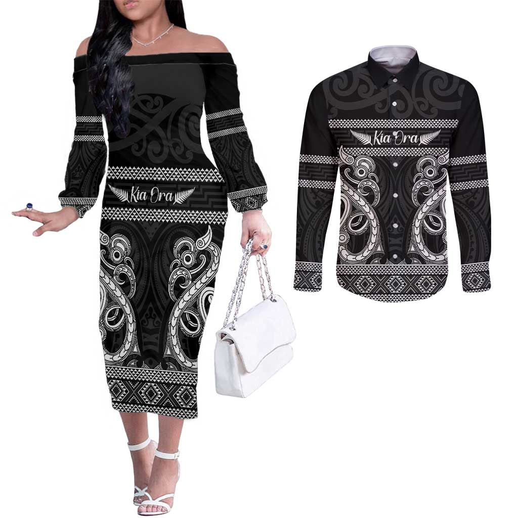 Kia Ora New Zealand Couples Matching Off The Shoulder Long Sleeve Dress and Long Sleeve Button Shirt Maori Language Week Pango Taniko Motif - Polynesian Pride