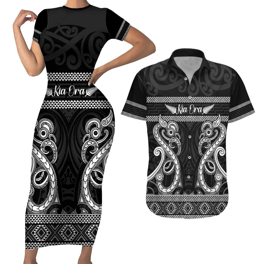 Kia Ora New Zealand Couples Matching Short Sleeve Bodycon Dress and Hawaiian Shirt Maori Language Week Pango Taniko Motif - Polynesian Pride