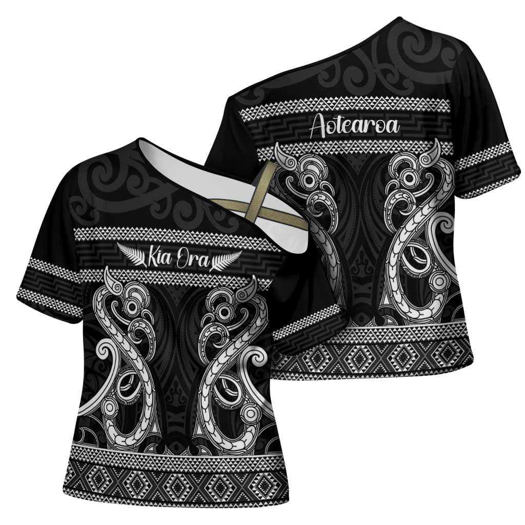 Kia Ora New Zealand Cross Shoulder Shirt Maori Language Week Pango Taniko Motif - Polynesian Pride