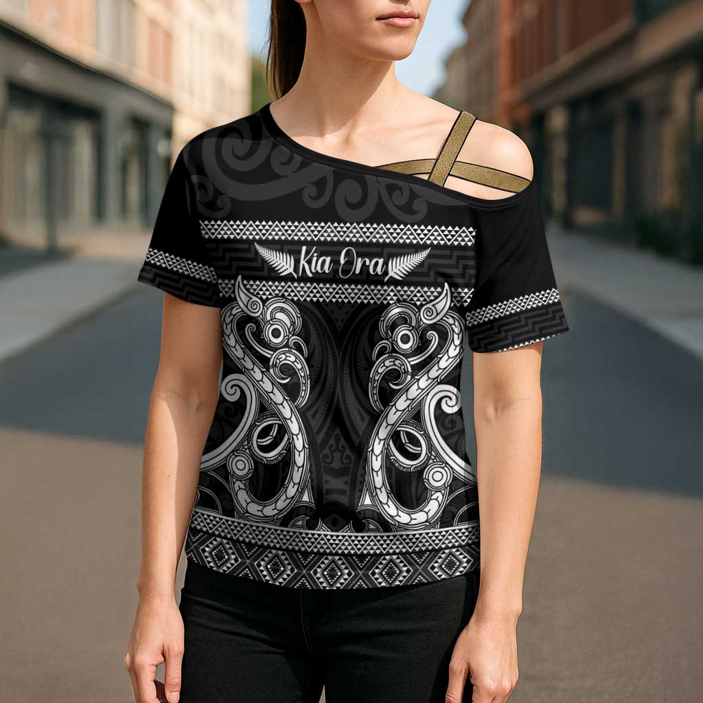 Kia Ora New Zealand Cross Shoulder Shirt Maori Language Week Pango Taniko Motif - Polynesian Pride