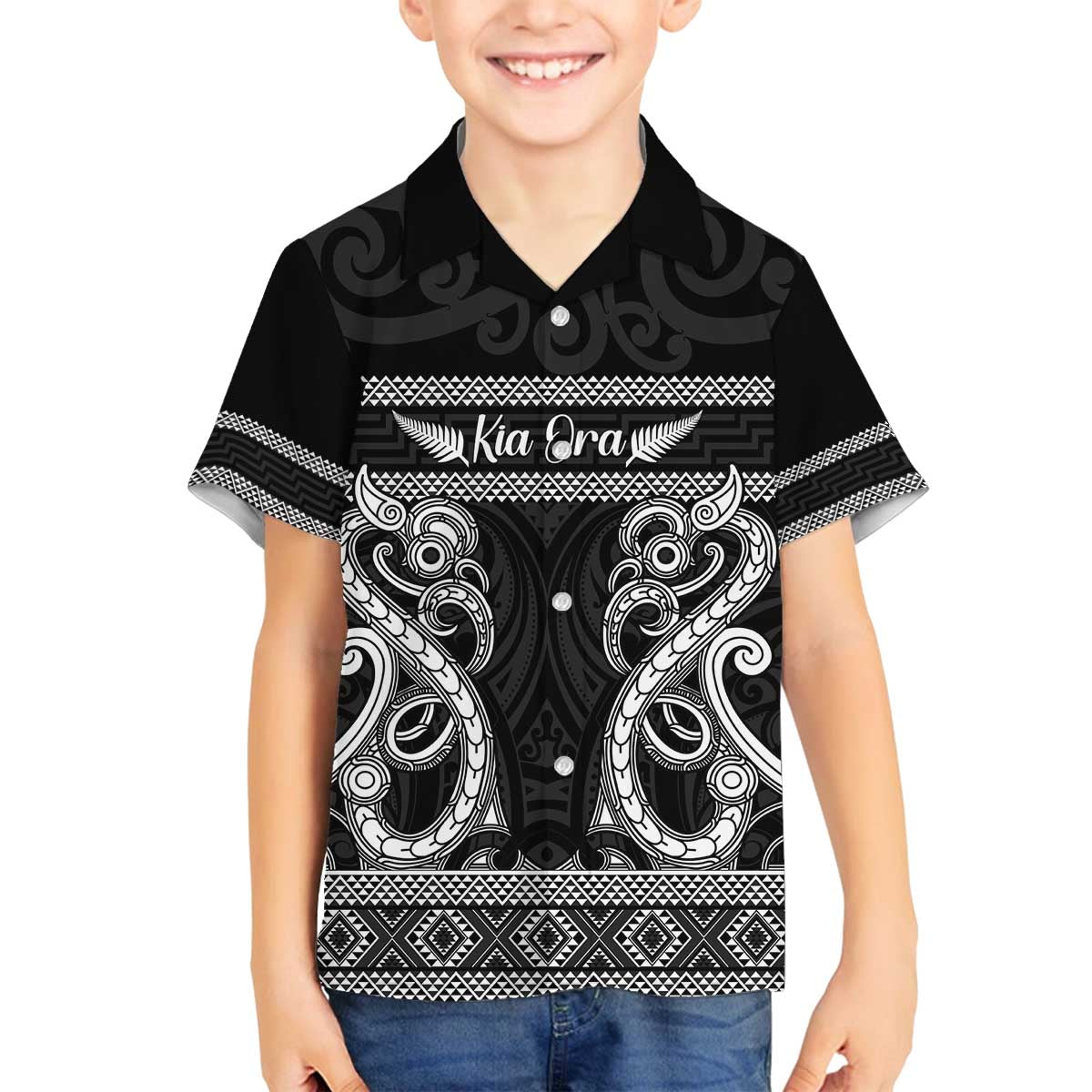 Kia Ora New Zealand Family Matching Off The Shoulder Long Sleeve Dress and Hawaiian Shirt Maori Language Week Pango Taniko Motif - Polynesian Pride