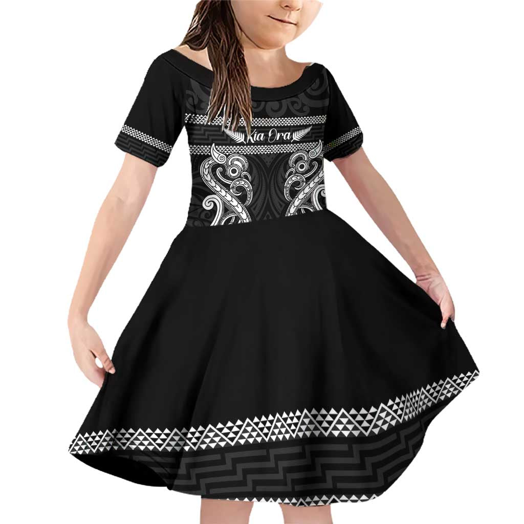 Kia Ora New Zealand Family Matching Off Shoulder Short Dress and Hawaiian Shirt Maori Language Week Pango Taniko Motif - Polynesian Pride
