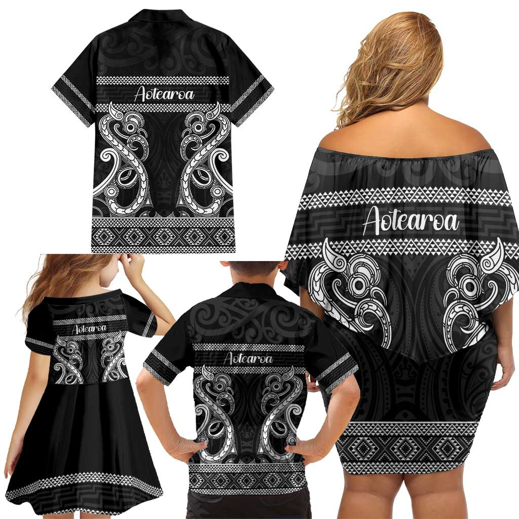 Kia Ora New Zealand Family Matching Off Shoulder Short Dress and Hawaiian Shirt Maori Language Week Pango Taniko Motif - Polynesian Pride