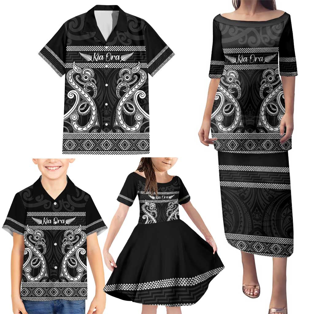 Kia Ora New Zealand Family Matching Puletasi and Hawaiian Shirt Maori Language Week Pango Taniko Motif - Polynesian Pride