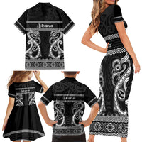Kia Ora New Zealand Family Matching Short Sleeve Bodycon Dress and Hawaiian Shirt Maori Language Week Pango Taniko Motif - Polynesian Pride