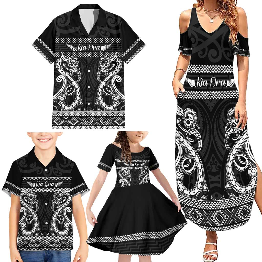 Kia Ora New Zealand Family Matching Summer Maxi Dress and Hawaiian Shirt Maori Language Week Pango Taniko Motif - Polynesian Pride