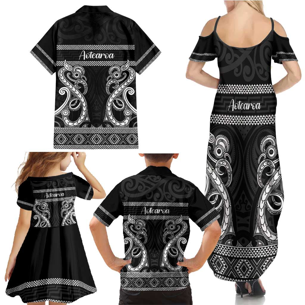 Kia Ora New Zealand Family Matching Summer Maxi Dress and Hawaiian Shirt Maori Language Week Pango Taniko Motif - Polynesian Pride