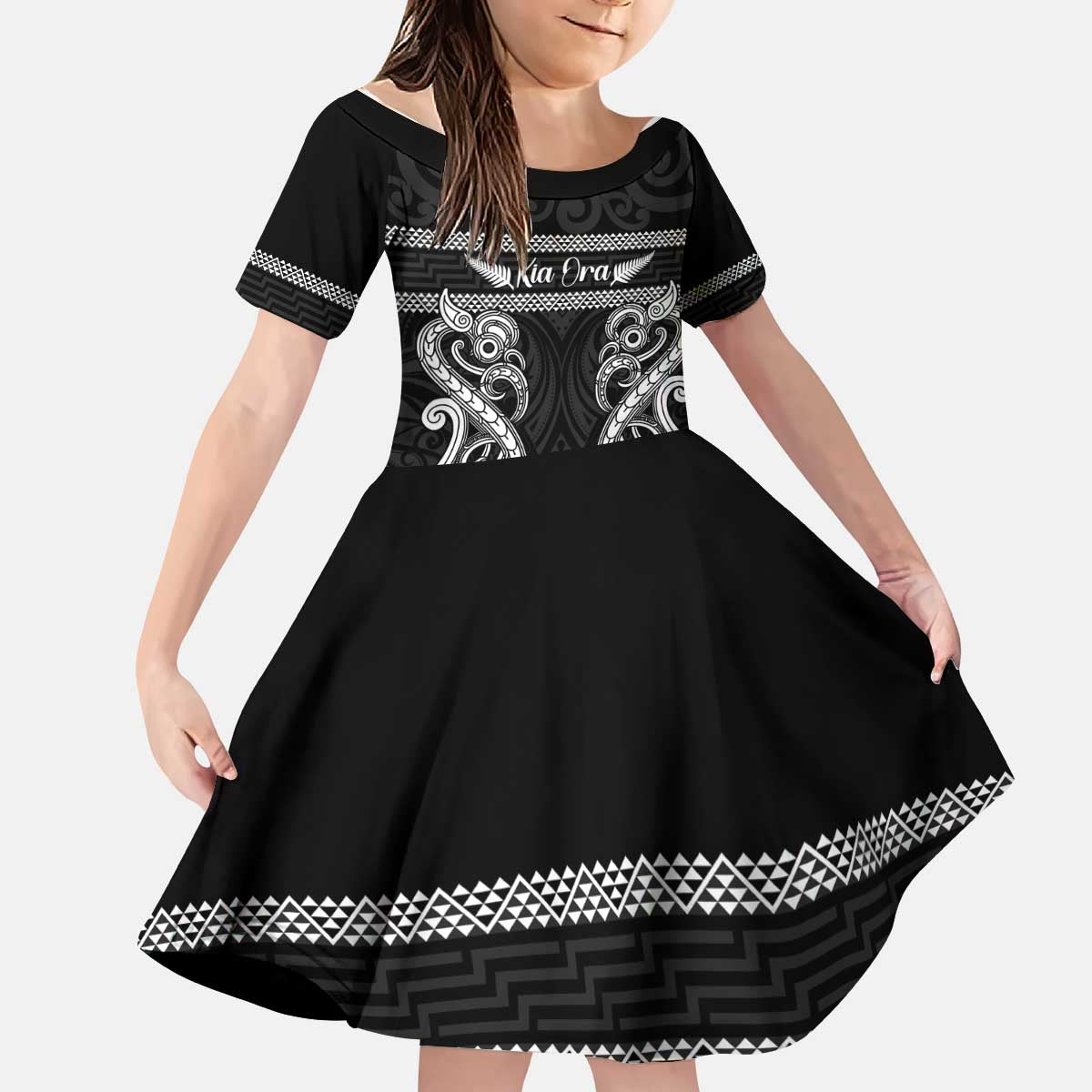 Kia Ora New Zealand Kid Short Sleeve Dress Maori Language Week Pango Taniko Motif - Polynesian Pride