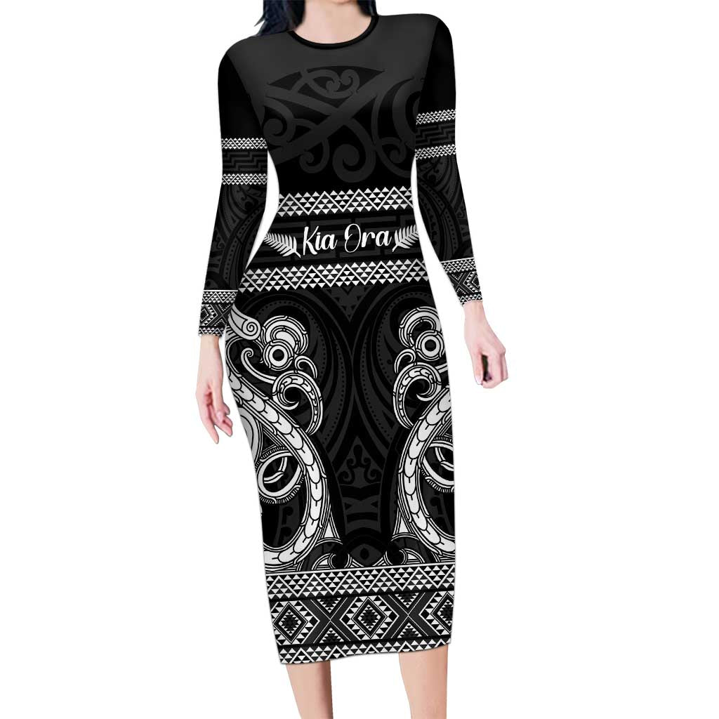 Kia Ora New Zealand Long Sleeve Bodycon Dress Maori Language Week Pango Taniko Motif - Polynesian Pride