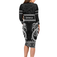 Kia Ora New Zealand Long Sleeve Bodycon Dress Maori Language Week Pango Taniko Motif - Polynesian Pride