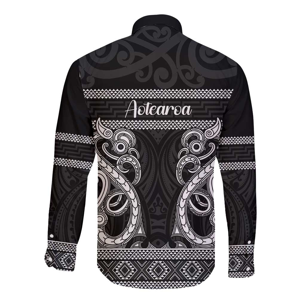 Kia Ora New Zealand Long Sleeve Button Shirt Maori Language Week Pango Taniko Motif - Polynesian Pride