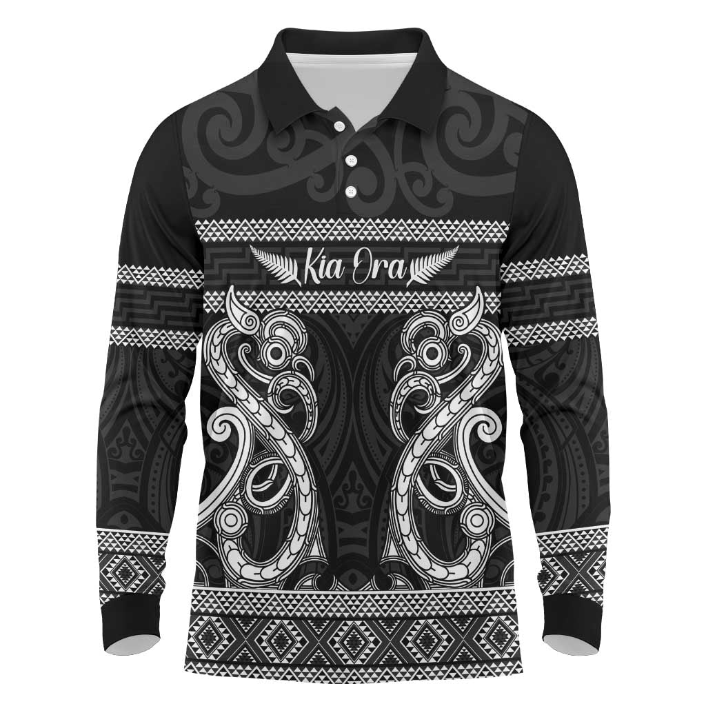 Kia Ora New Zealand Long Sleeve Polo Shirt Maori Language Week Pango Taniko Motif - Polynesian Pride