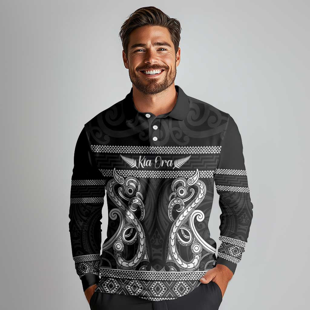 Kia Ora New Zealand Long Sleeve Polo Shirt Maori Language Week Pango Taniko Motif - Polynesian Pride
