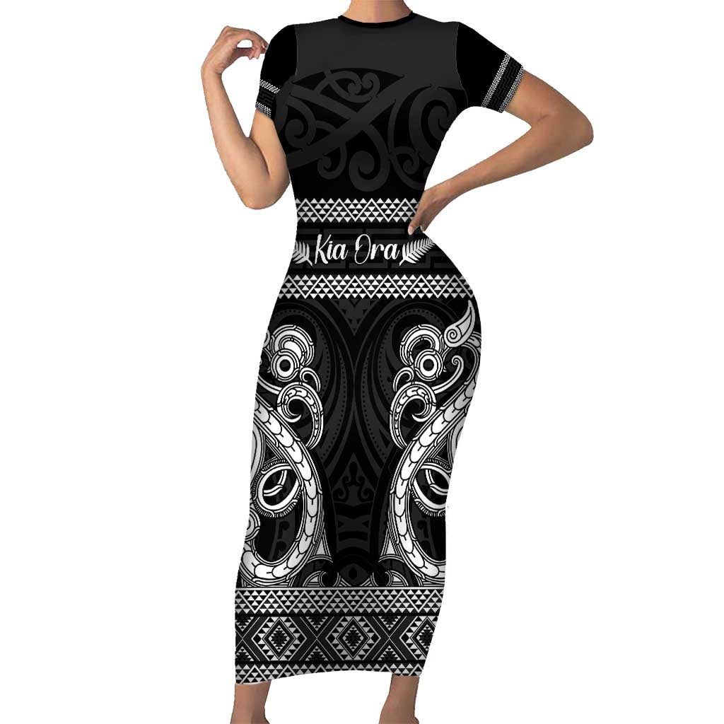 Kia Ora New Zealand Short Sleeve Bodycon Dress Maori Language Week Pango Taniko Motif - Polynesian Pride