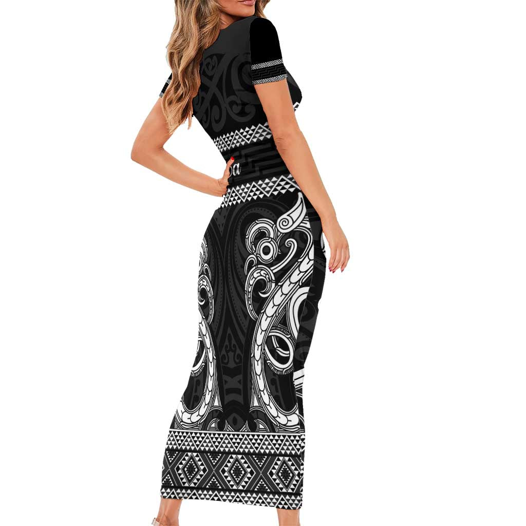 Kia Ora New Zealand Short Sleeve Bodycon Dress Maori Language Week Pango Taniko Motif - Polynesian Pride