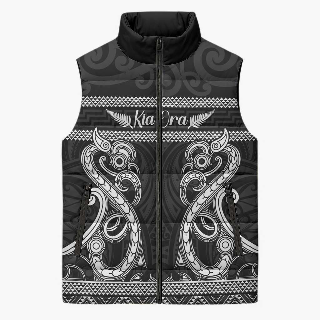Kia Ora New Zealand Sleeveless Puffer Jacket Maori Language Week Pango Taniko Motif - Polynesian Pride