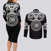 Kia Kaha Te Reo Maori New Zealand Couples Matching Long Sleeve Bodycon Dress and Long Sleeve Button Shirt 50th Anniversary Ake Ake Ake - Polynesian Pride