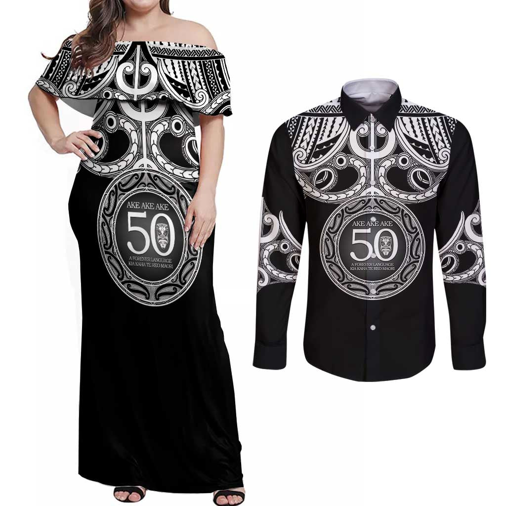 Kia Kaha Te Reo Maori New Zealand Couples Matching Off Shoulder Maxi Dress and Long Sleeve Button Shirt 50th Anniversary Ake Ake Ake - Polynesian Pride