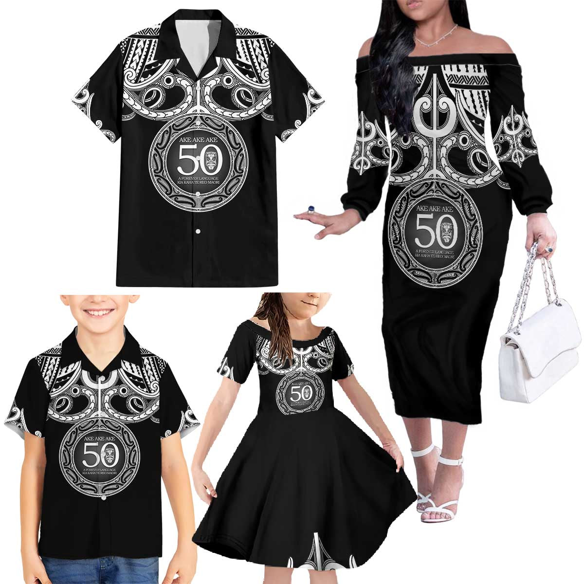 Kia Kaha Te Reo Maori New Zealand Family Matching Off The Shoulder Long Sleeve Dress and Hawaiian Shirt 50th Anniversary Ake Ake Ake - Polynesian Pride