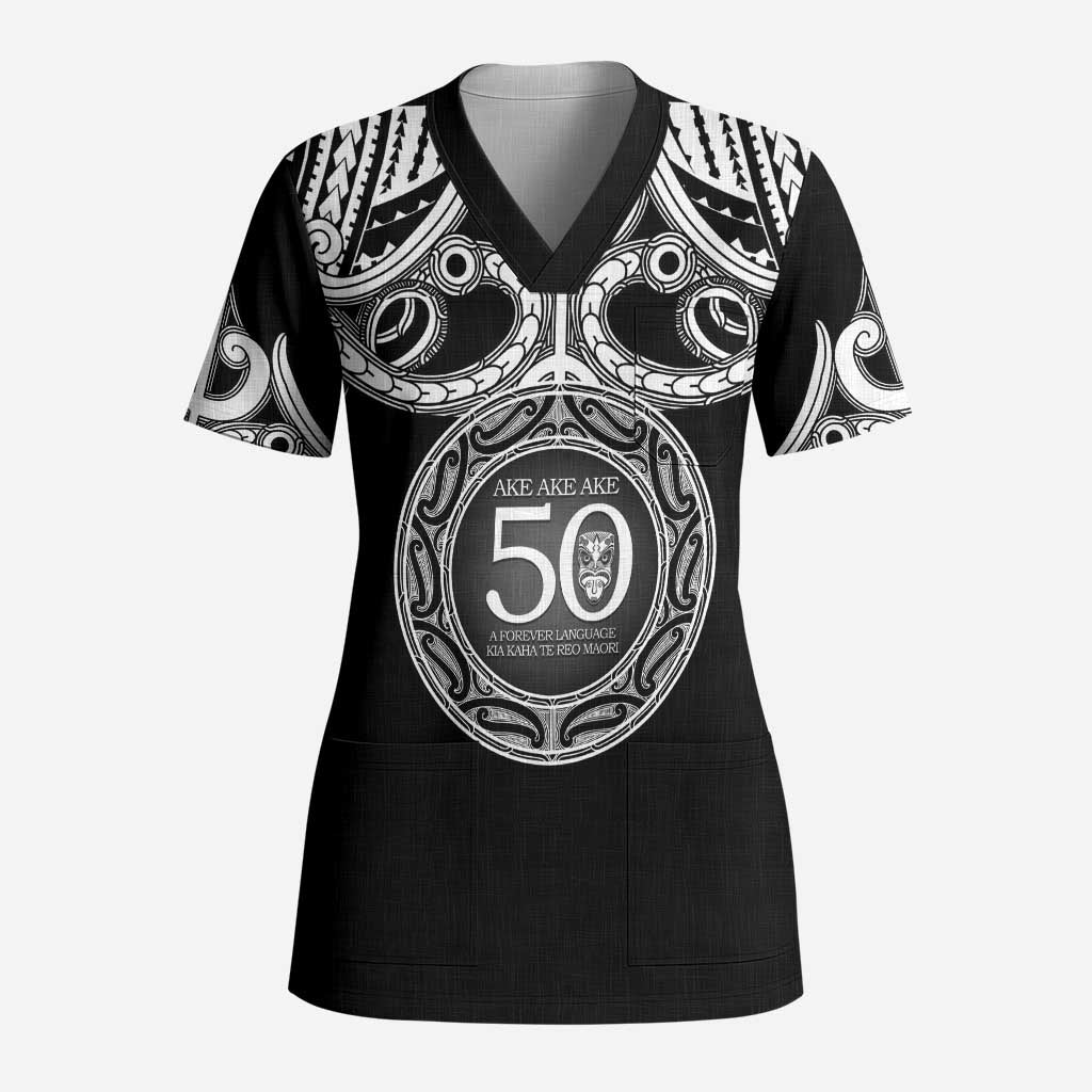 Kia Kaha Te Reo Maori New Zealand Scrub Top 50th Anniversary Ake Ake Ake LT14 Adult Black - Polynesian Pride