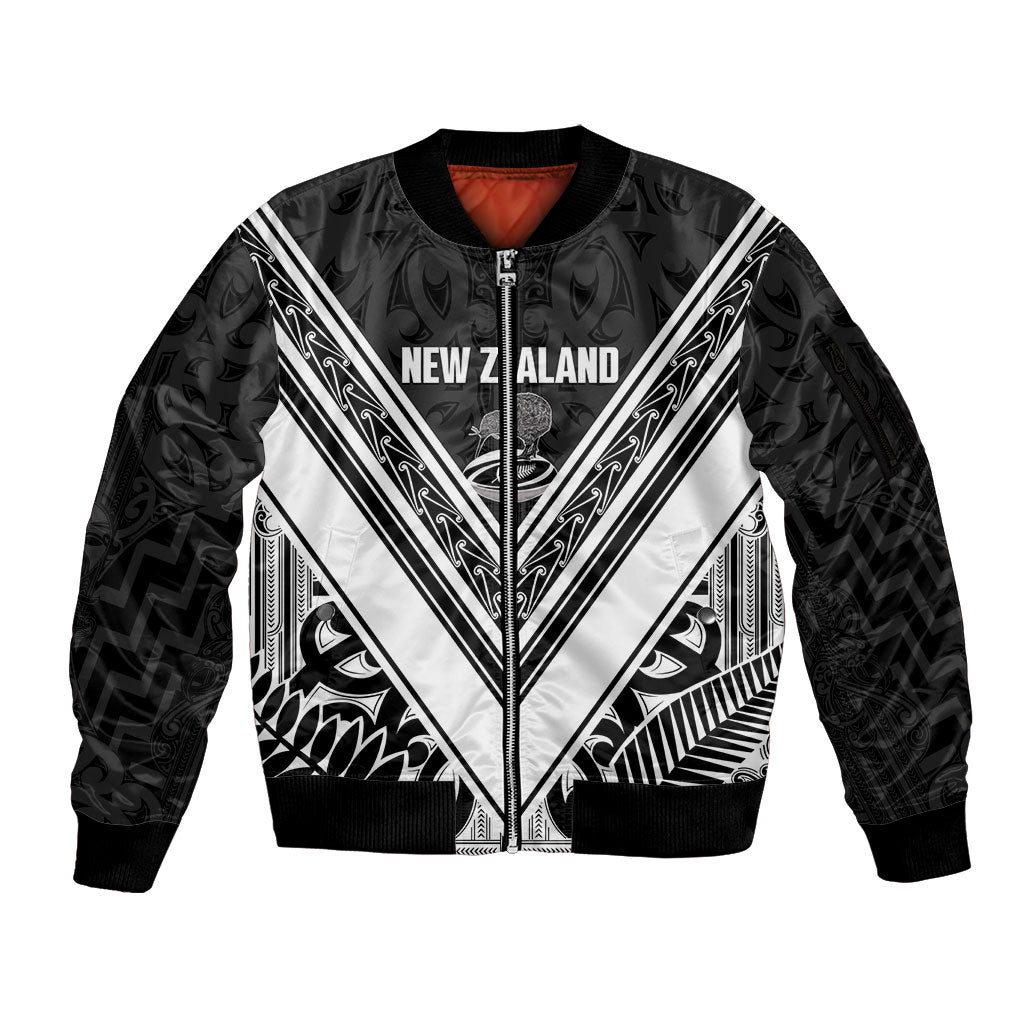 New Zealand Silver Fern Rugby Custom Sleeve Zip Bomber Jacket Go Wheel Kiwi Maori Pattern LT14 Unisex White - Polynesian Pride
