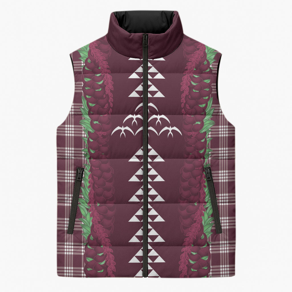 Burgundy Palaka Hawaii Iwa Bird Sleeveless Puffer Jacket Hawaiian Kakau Jade Vine Lei