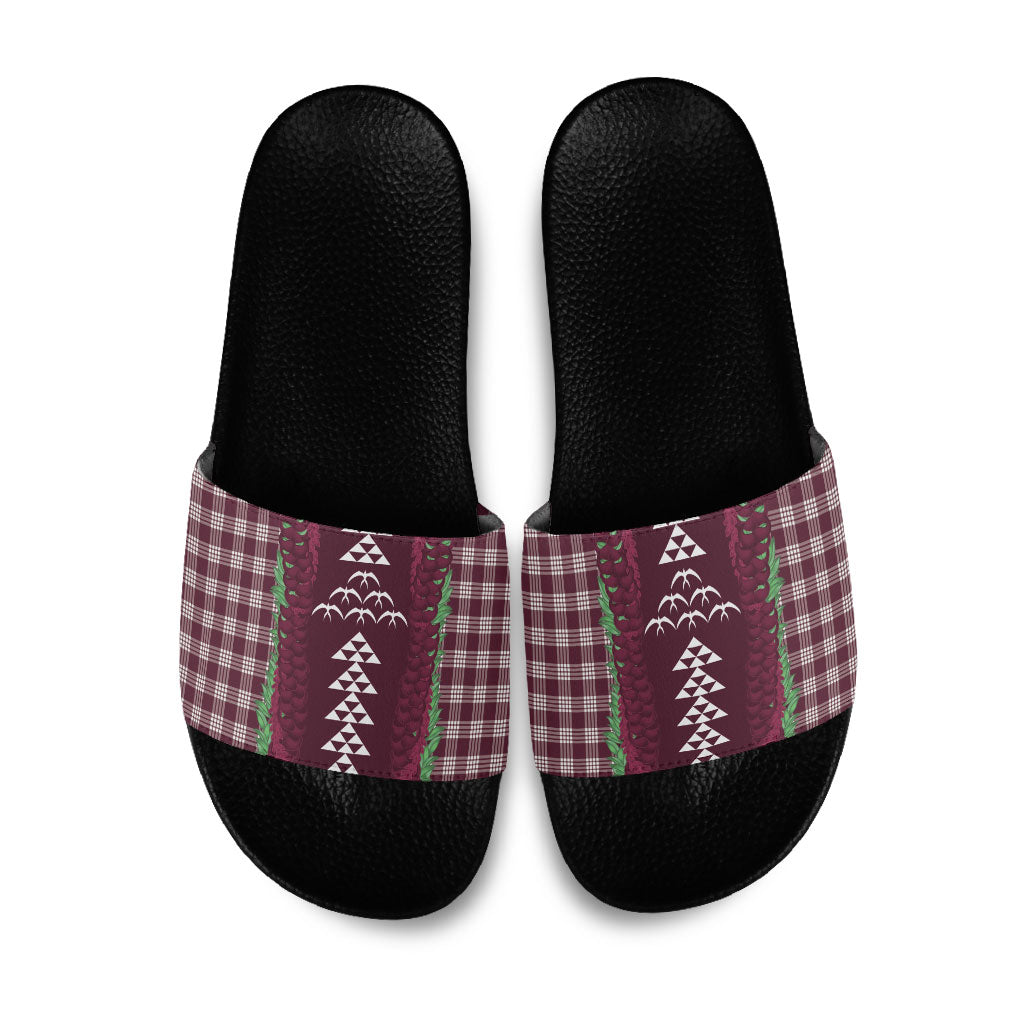 Burgundy Palaka Hawaii Iwa Bird Slide Sandals Hawaiian Kakau Jade Vine Lei