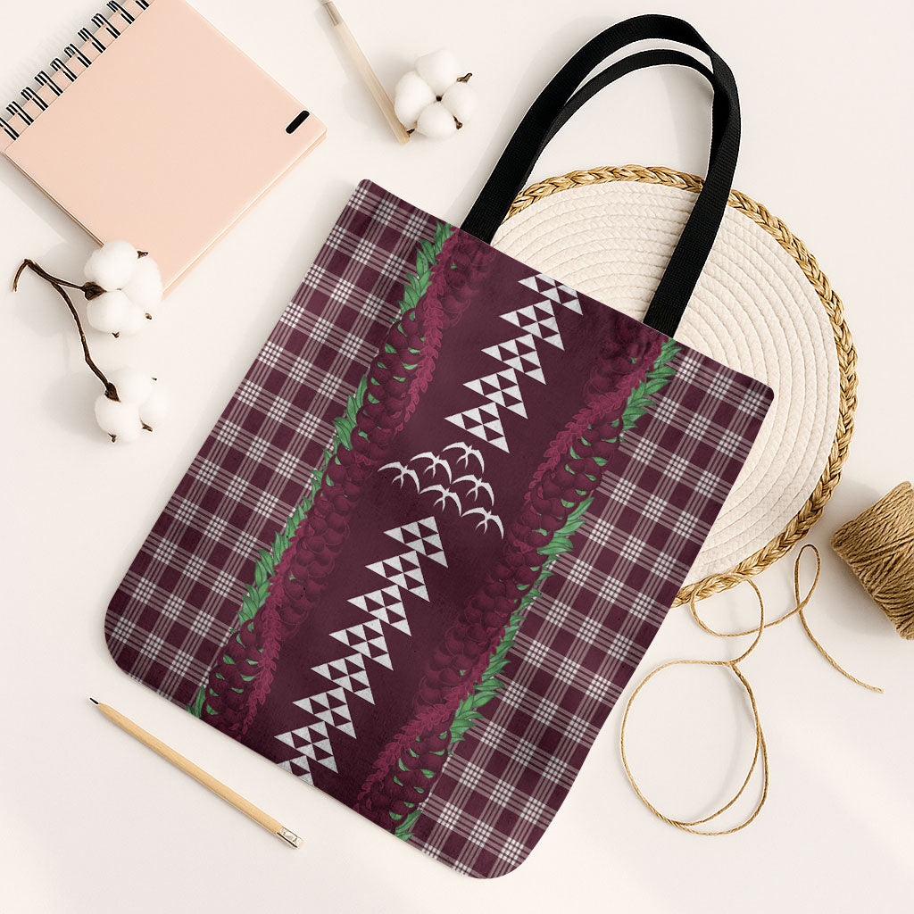 Burgundy Palaka Hawaii Iwa Bird Tote Bag Hawaiian Kakau Jade Vine Lei