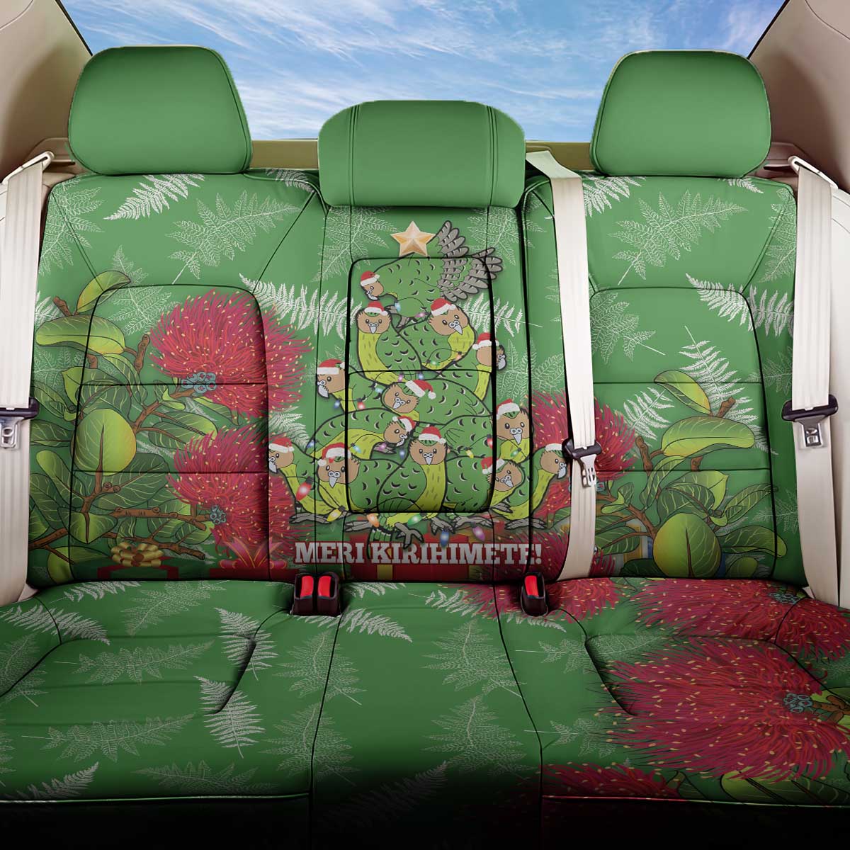 Kakapo New Zealand Christmas Back Car Seat Cover Meri Kirihimete Pohutukawa - Green Color