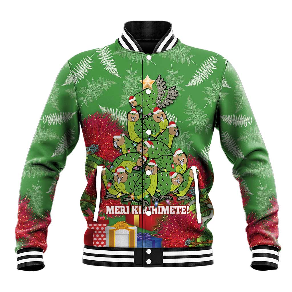 Kakapo New Zealand Christmas Baseball Jacket Meri Kirihimete Pohutukawa - Green Color