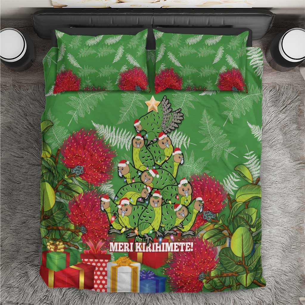 Kakapo New Zealand Christmas Bedding Set Meri Kirihimete Pohutukawa - Green Color