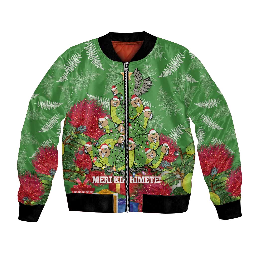 Kakapo New Zealand Christmas Bomber Jacket Meri Kirihimete Pohutukawa - Green Color