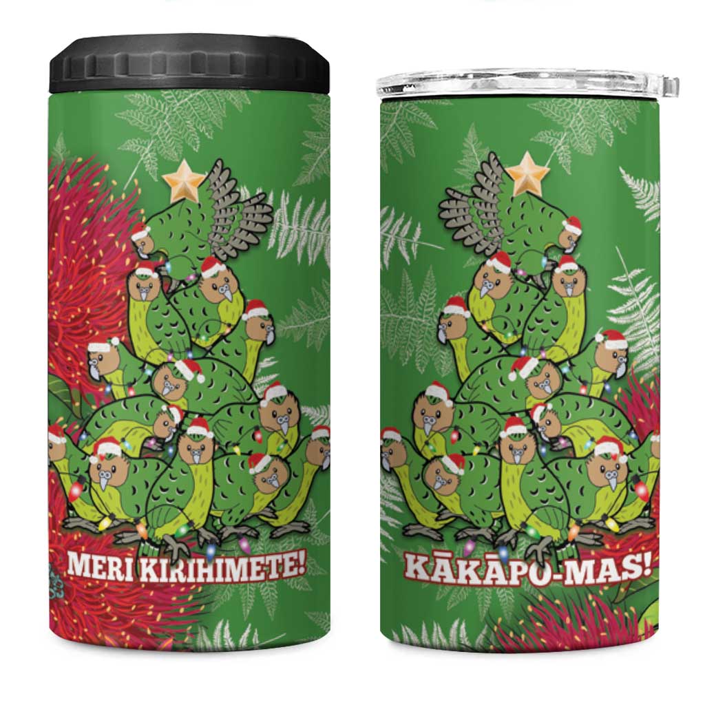 Kakapo New Zealand Christmas 4 in 1 Can Cooler Tumbler Meri Kirihimete Pohutukawa - Green Color