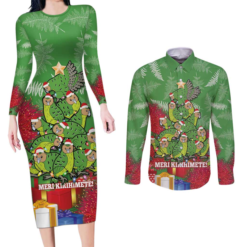 Kakapo New Zealand Christmas Couples Matching Long Sleeve Bodycon Dress and Long Sleeve Button Shirt Meri Kirihimete Pohutukawa - Green Color