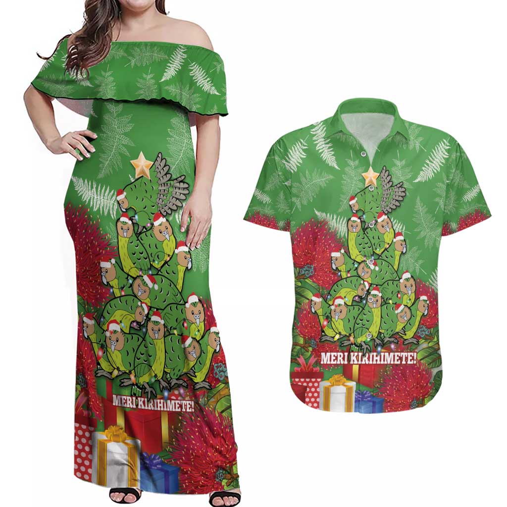 Kakapo New Zealand Christmas Couples Matching Off Shoulder Maxi Dress and Hawaiian Shirt Meri Kirihimete Pohutukawa - Green Color