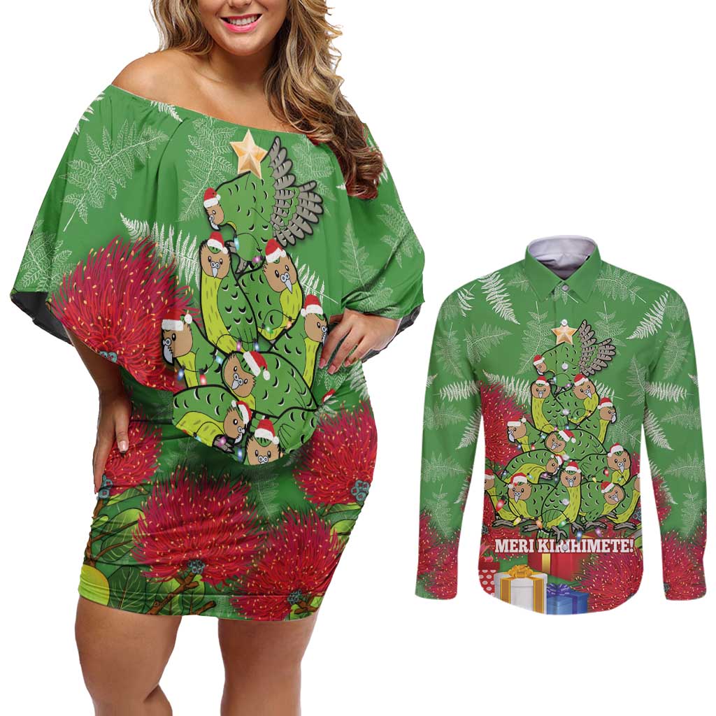 Kakapo New Zealand Christmas Couples Matching Off Shoulder Short Dress and Long Sleeve Button Shirt Meri Kirihimete Pohutukawa - Green Color