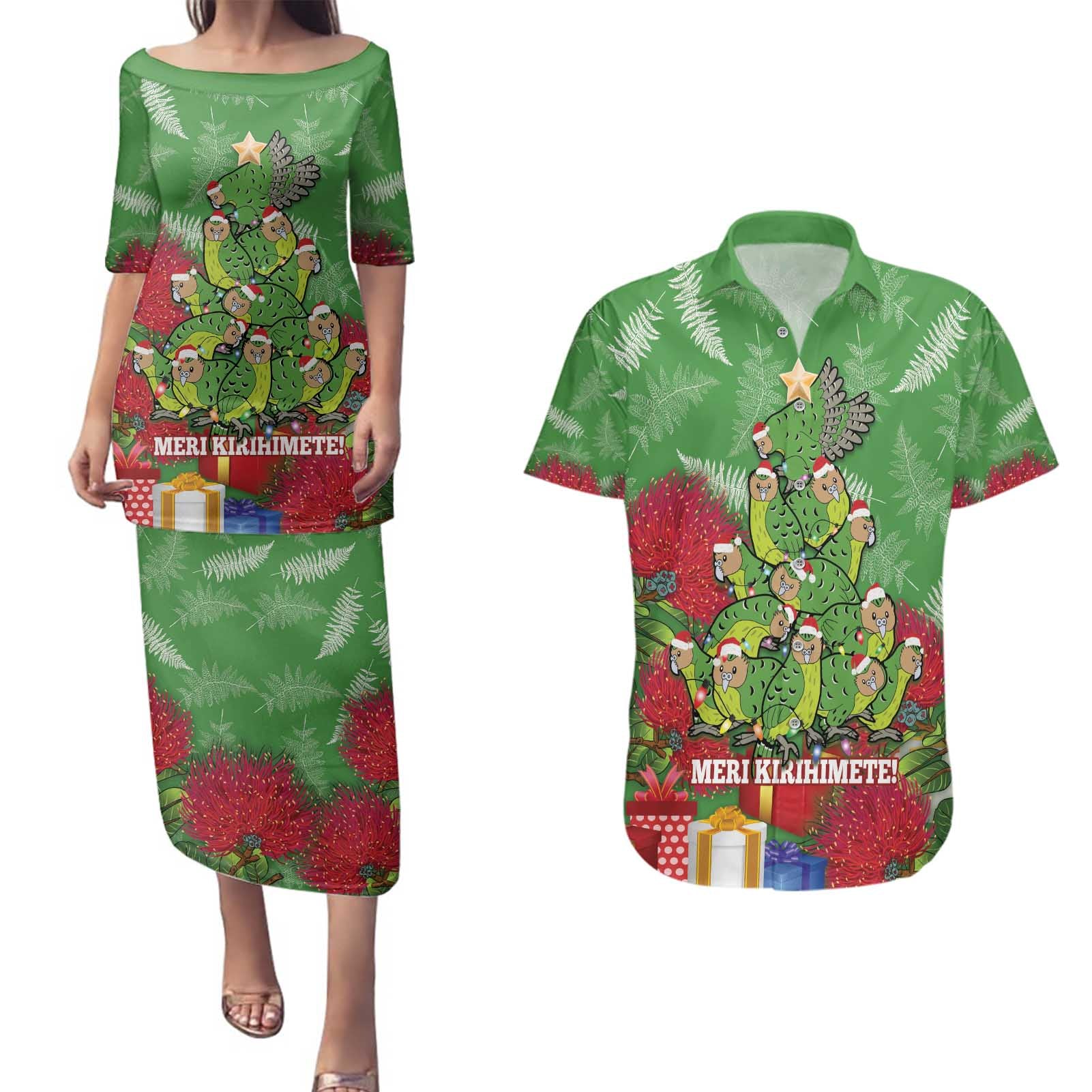 Kakapo New Zealand Christmas Couples Matching Puletasi and Hawaiian Shirt Meri Kirihimete Pohutukawa - Green Color