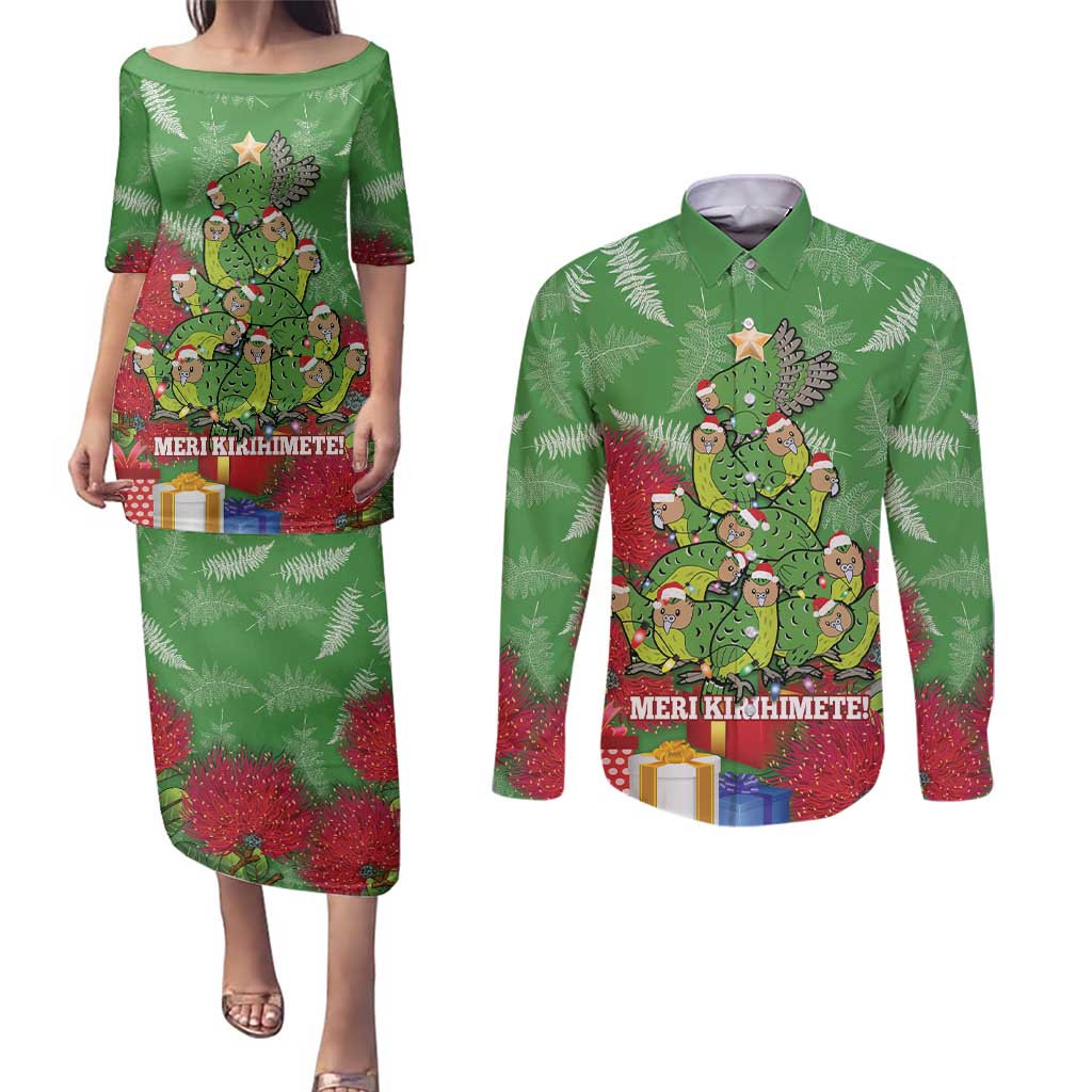 Kakapo New Zealand Christmas Couples Matching Puletasi and Long Sleeve Button Shirt Meri Kirihimete Pohutukawa - Green Color